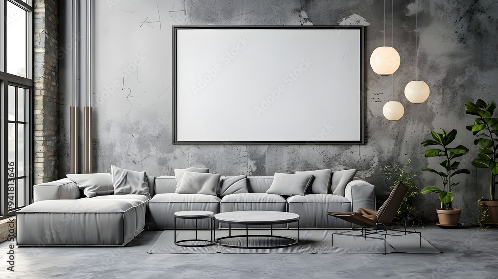 Frame mockup rendered in three dimensions in an industrial-style living room loft Frame mockup rendered in three dimensions in an industrial-style living room loft