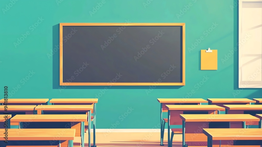 Empty classroom with wooden desks and a blackboard on a turquoise wall. Empty classroom with wooden desks and a blackboard on a turquoise wall.