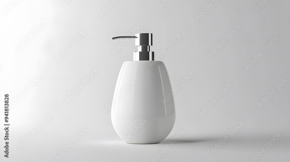 Fototapeta premium Minimalist Soap Dispenser: A simple, white soap dispenser with a clean design, centered on a white background, with soft lighting to enhance its form. 