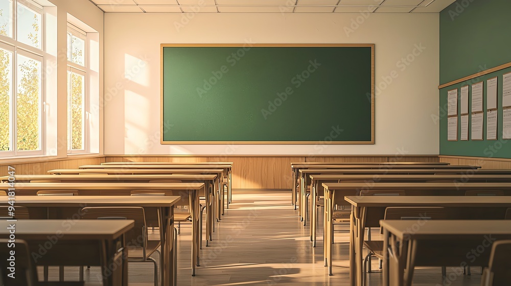 Empty classroom with wooden desks and a large chalkboard. Sunlight streams through the windows. Empty classroom with wooden desks and a large chalkboard. Sunlight streams through the windows.