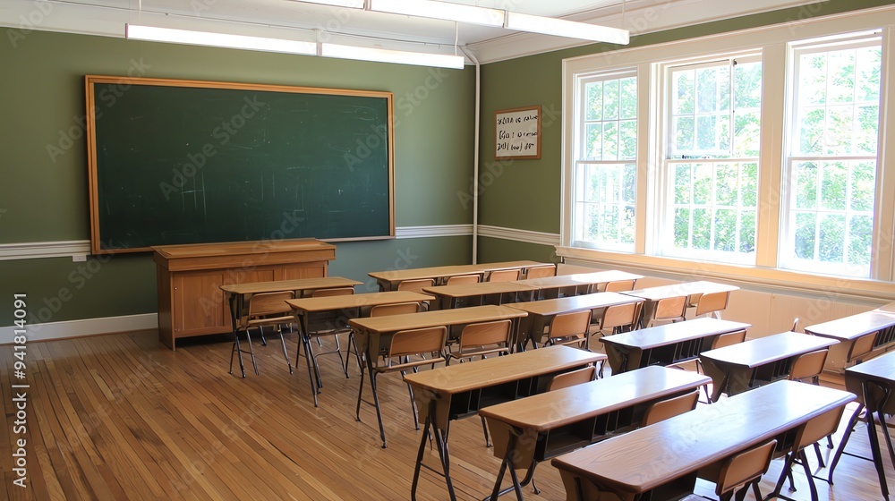 Empty classroom with wooden desks, a chalkboard, and large windows. Empty classroom with wooden desks, a chalkboard, and large windows.