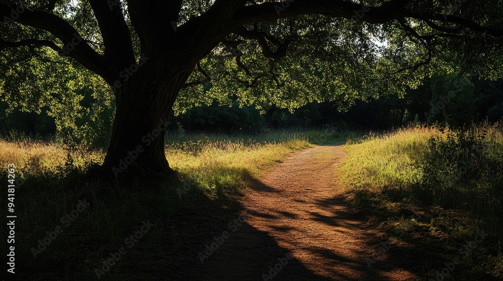 Naklejka premium The silhouette of a big tree casting a shadow on a dirt path, with open space for copy