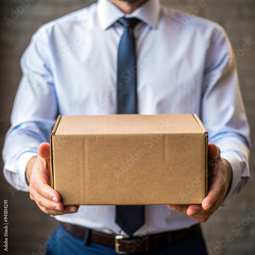 A cardboard box in the hands of a young man.