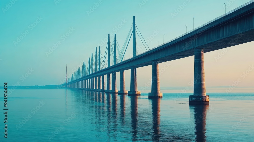 The spectacular Bridge connecting Sweden and Denm with open space for text in the sea The spectacular Bridge connecting Sweden and Denm with open space for text in the sea