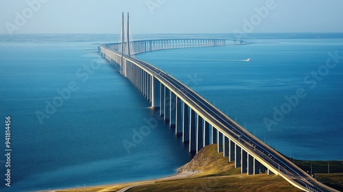 The spectacular Bridge connecting Sweden and Denm with open space for text in the sea photo