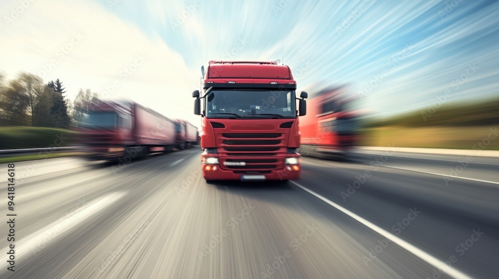 A fast-moving convoy of large trucks on a broad road, captured in motion blur as they speed across the frame. A fast-moving convoy of large trucks on a broad road, captured in motion blur as they speed across the frame.