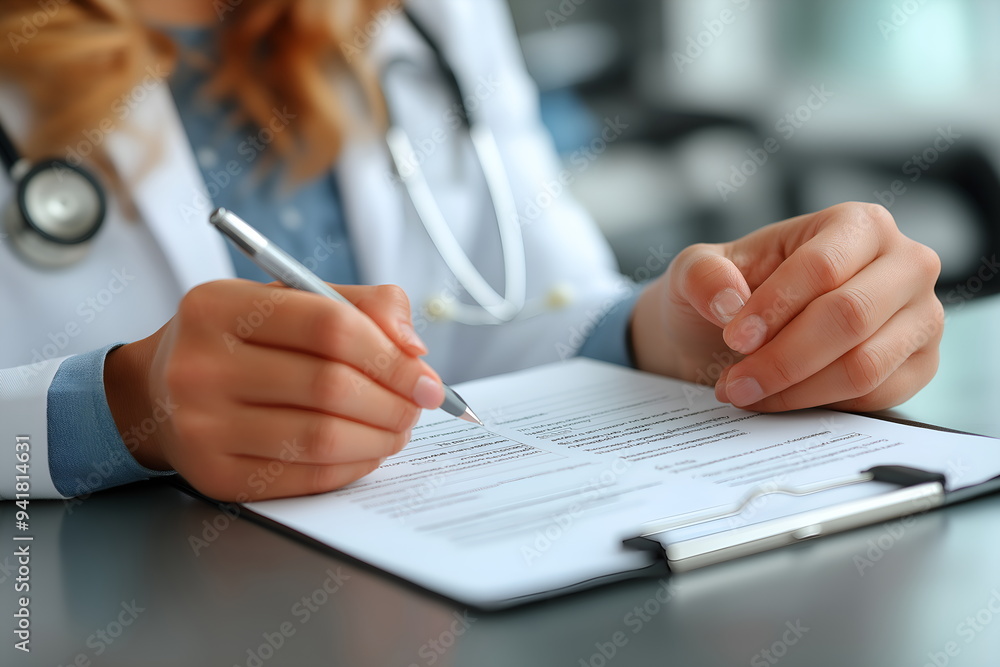 A close-up photo of a doctor's hand holding a consultation form, with a office on background A close-up photo of a doctor's hand holding a consultation form, with a office on background