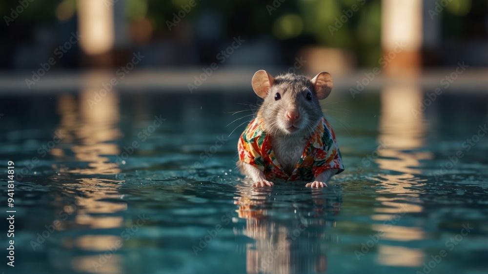 Rat wearing a tropical shirt swimming in a pool Whimsical and playful summer concept. Rat wearing a tropical shirt swimming in a pool Whimsical and playful summer concept.
