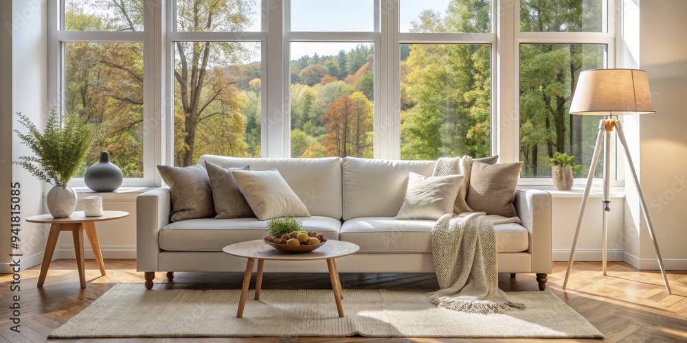 Cozy Living Room with White Sofa and Autumn View, interior design, living room decor, home staging, fall decor, Cozy Living Room with White Sofa and Autumn View, interior design, living room decor, home staging, fall decor,