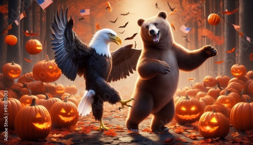 Happy Halloween Bear and Eagle Dancing in Pumpkin Patch - A bald eagle and brown bear are dancing in a pumpkin patch with glowing jack-o-lanterns.  They are both happy and festive for Halloween. Ameri photo