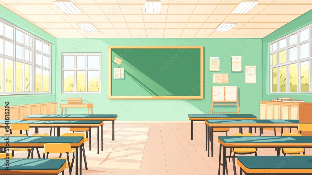 Empty classroom with desks, chairs, chalkboard and windows. Sun shining through windows. Bright green walls. Ready for students. Empty classroom with desks, chairs, chalkboard and windows. Sun shining through windows. Bright green walls. Ready for students.