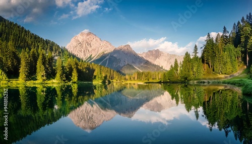 Beautiful Landscape with Mountains and Trees Reflected in Still Water.