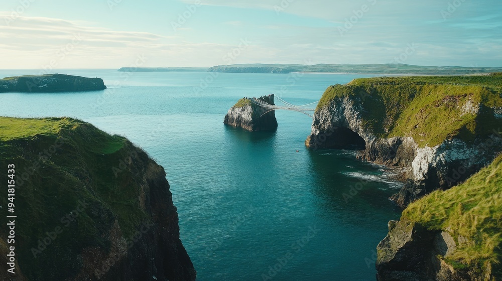 Fototapeta premium The tranquil Rope Bridge at Carrick-a-Rede, with ample space for copy in the coastal scenery