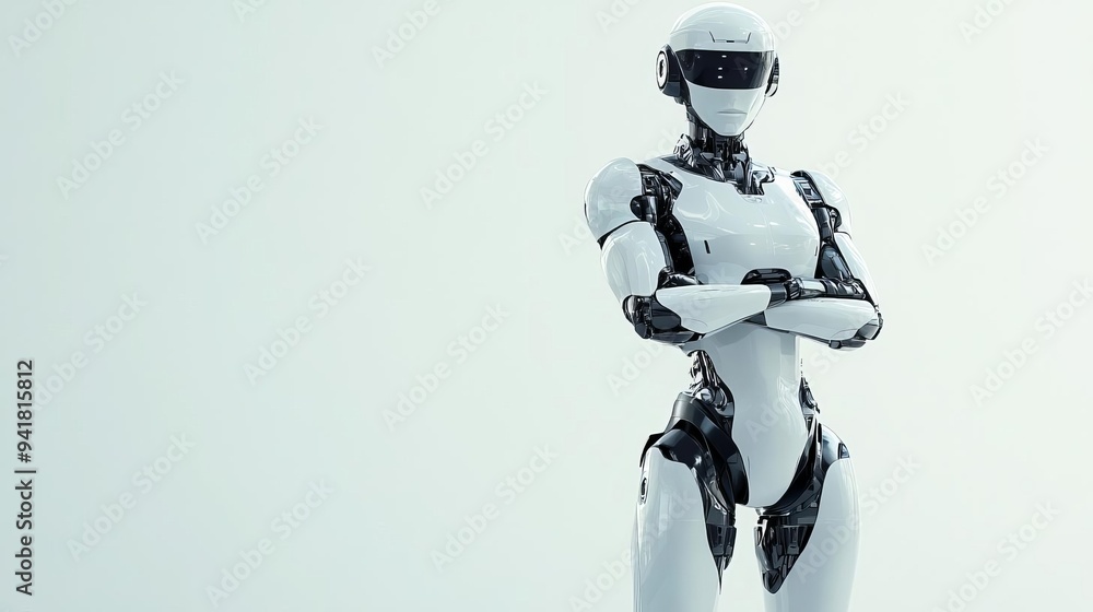 Fototapeta premium A full-body android robot standing with arms crossed and one foot slightly forward, exuding authority, isolated on a bright background