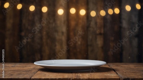 Empty white plate on wooden table with rustic background.