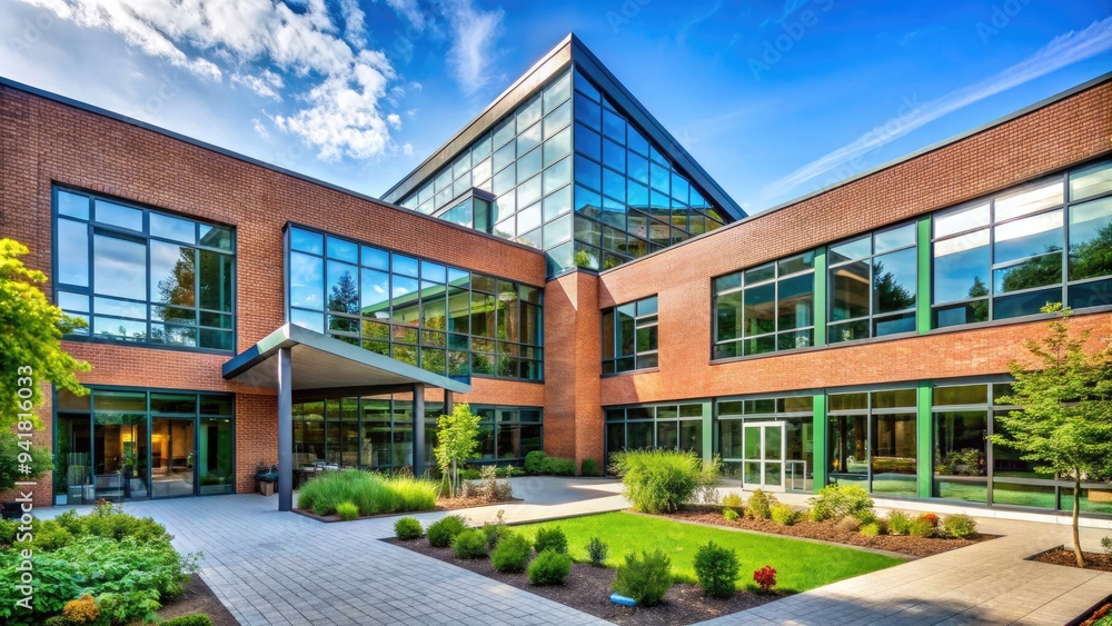 Modern brick-and-glass elementary school building with striking angular design, vibrant courtyard, and lush greenery, evoking a sense of innovative learning and community. Modern brick-and-glass elementary school building with striking angular design, vibrant courtyard, and lush greenery, evoking a sense of innovative learning and community.