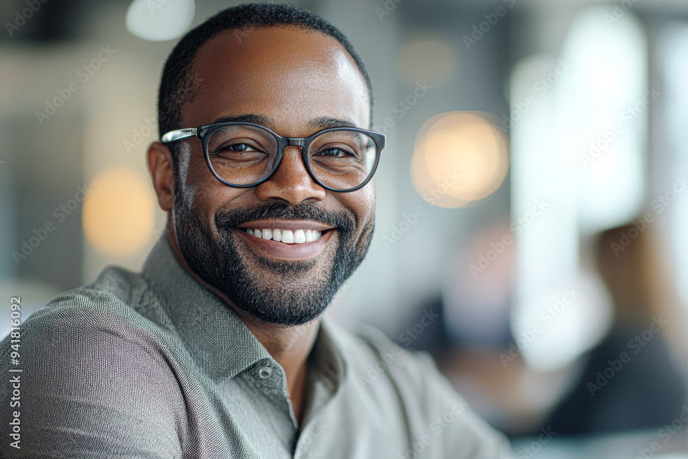 Fototapeta premium A man with glasses is smiling and looking at the camera