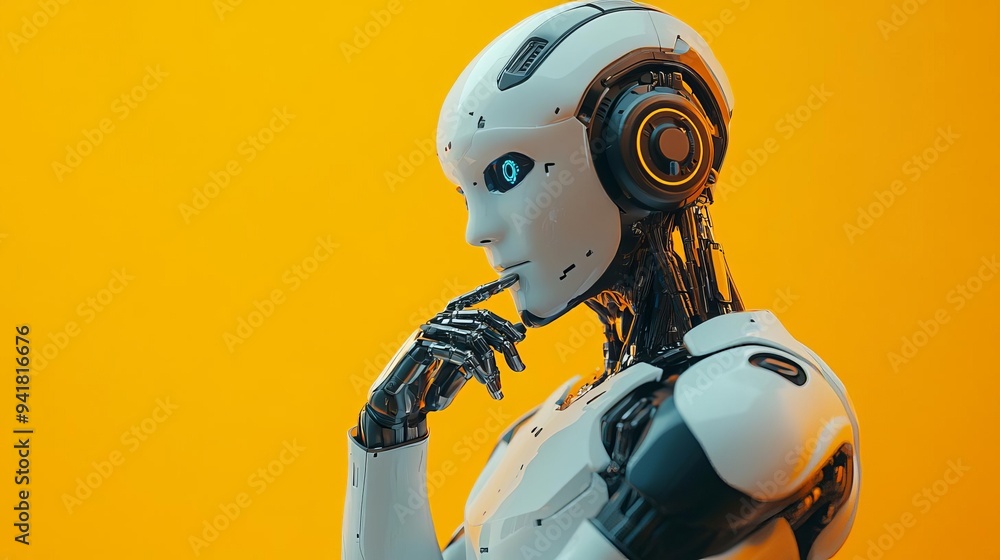 An android robot posing with one hand resting on its chin, mimicking a thoughtful human gesture, isolated on a bright background An android robot posing with one hand resting on its chin, mimicking a thoughtful human gesture, isolated on a bright background