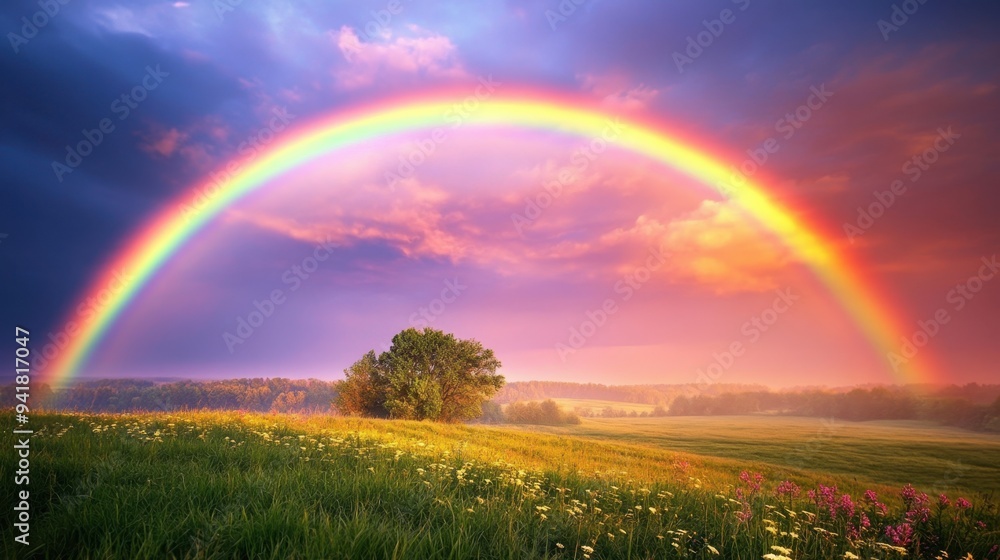 A rainbow arching gracefully over a serene landscape, vibrant colors contrasting with the soft pastel sky. A rainbow arching gracefully over a serene landscape, vibrant colors contrasting with the soft pastel sky.