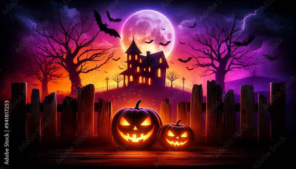 Fototapeta premium Halloween background with pumpkins scene featuring a haunted house with glowing windows purple sky and full moon and bats hover above the silhouette of eerie trees