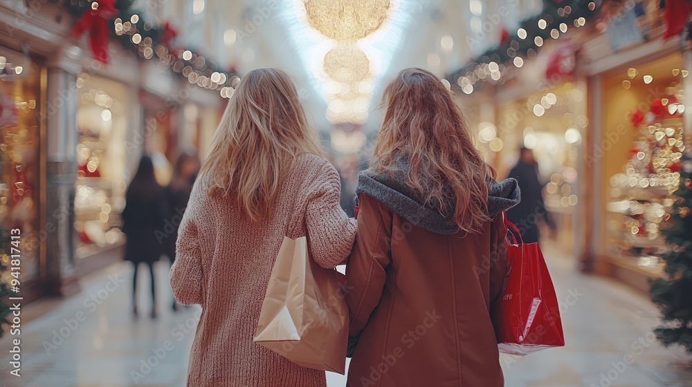 Obraz premium Two friends enjoying a day of Christmas shopping in a beautifully decorated mall