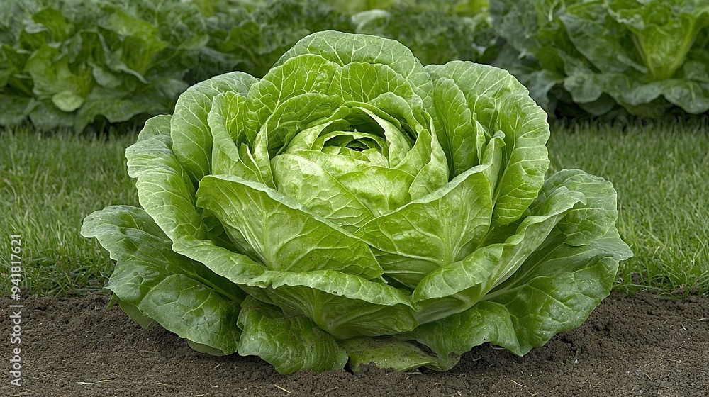 A lettuce head surrounded by green lettuce foliage in a field A lettuce head surrounded by green lettuce foliage in a field