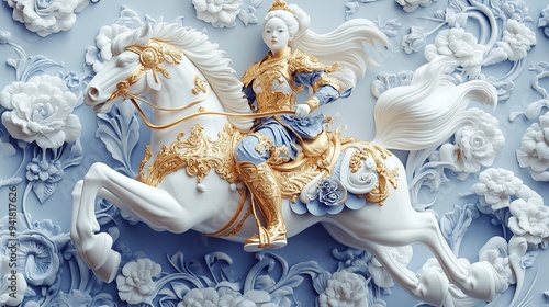 White Porcelain Horse and Rider in Floral Setting