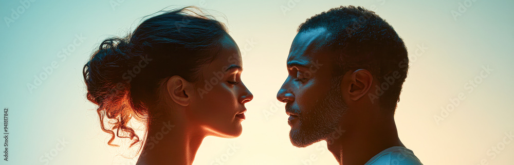Naklejka premium A man and woman are standing in front of a blue sky