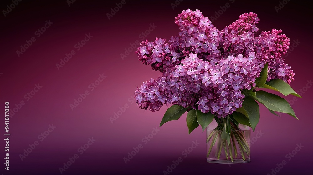 A vase holding purple flowers sits atop a purple tablecloth, against a purple backdrop A vase holding purple flowers sits atop a purple tablecloth, against a purple backdrop