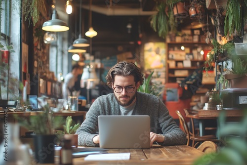 a young startup founder working on a laptop in a creative co-working space