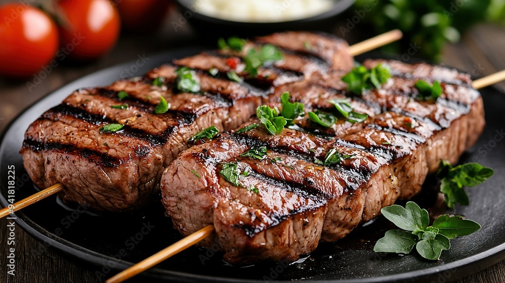 Two juicy steaks on a plate, served with chopsticks and fresh tomatoes A bowl of fragrant rice completes this satisfying meal Two juicy steaks on a plate, served with chopsticks and fresh tomatoes A bowl of fragrant rice completes this satisfying meal