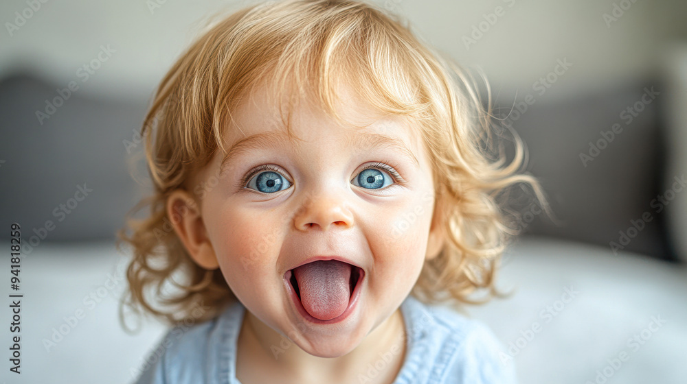 A baby with blonde hair and blue eyes is smiling and making a funny face A baby with blonde hair and blue eyes is smiling and making a funny face