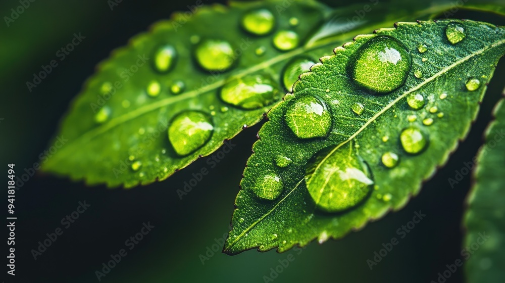 Close-up of a leaf with a collection of dew droplets on its surface, with a focus on the clarity and shape of each droplet Close-up of a leaf with a collection of dew droplets on its surface, with a focus on the clarity and shape of each droplet
