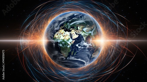 Magnetic lines of force surrounding Earth known as the magnetosphere. Neural network ai generated art photo