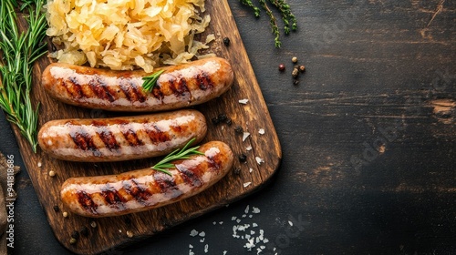 Top view of German bratwurst sausages with sauerkraut on a wooden board, with ample copy space.