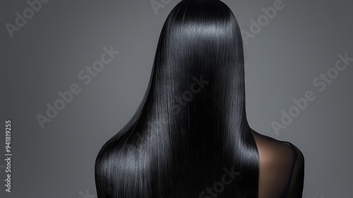 Back view of shiny long black hair woman