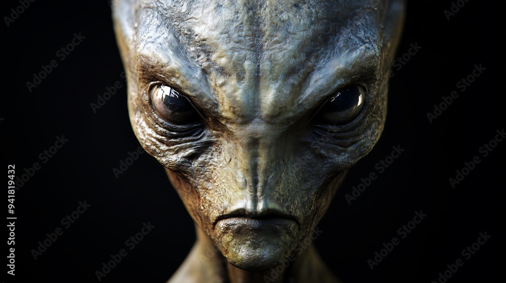 A close-up of an alien with a large head, featuring detailed textures and features that emphasize its otherworldly appearance. A close-up of an alien with a large head, featuring detailed textures and features that emphasize its otherworldly appearance.