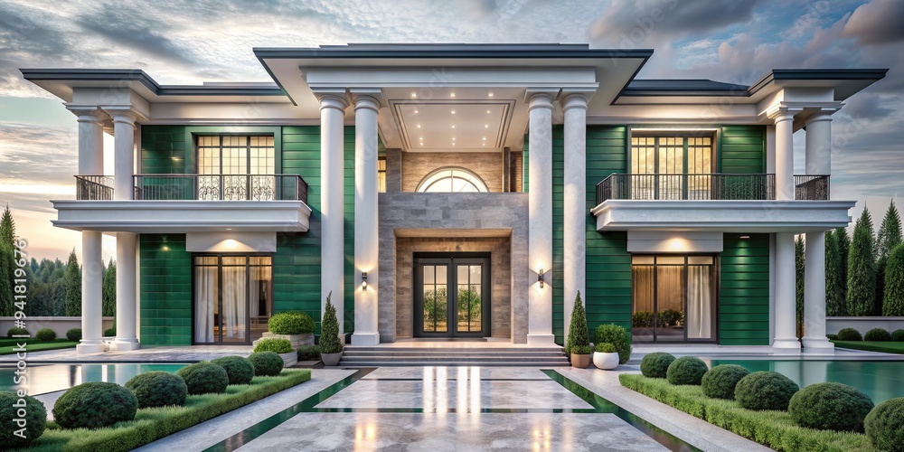 Fototapeta premium Modern Majestic Manor: Sleek architecture, grand entrance, geometric lines, emerald green, white marble