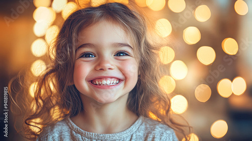 A young girl with curly hair is smiling and looking at the camera