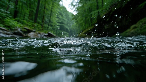  A lush green forest filled with a stream running and numerous droplets of water