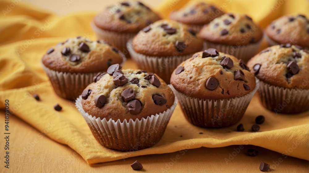 A yellow tablecloth holds a stack of chocolate chip muffins. A yellow tablecloth holds a stack of chocolate chip muffins.