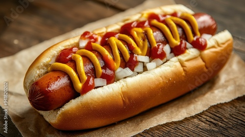 Close-up of a loaded hot dog with mustard, ketchup, and onions on a rustic background -