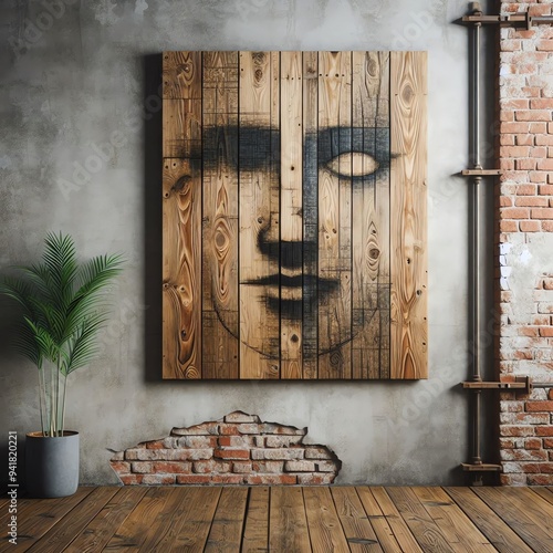 panel painting on wood on rustic wall interior design with minimalist settings photo