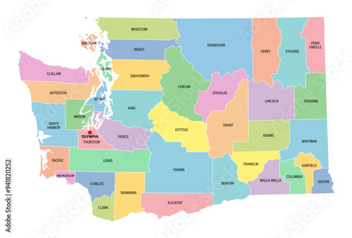 Washington, U.S. state, multi colored political map with borders, county names and capital Olympia. Westernmost state in the Pacific Northwest region of the United States, subdivided into 39 counties. photo