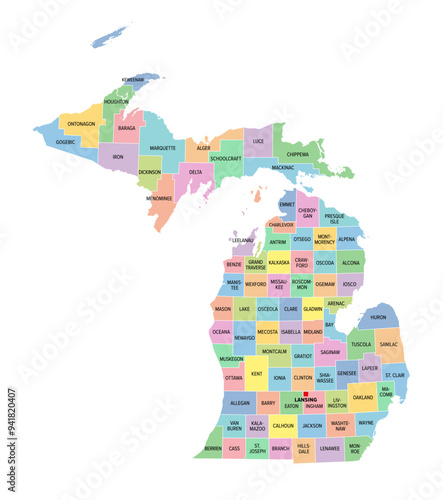 Michigan, U.S. state, multi colored political map with borders, county names and capital Lansing. State in the Great Lakes region of the Upper Midwest of the United States, subdivided into 83 counties photo