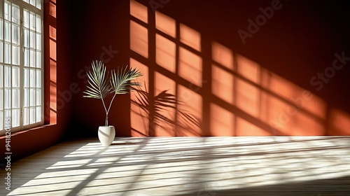   A red-walled room has a white vase holding a plant on its wooden floor, with sunlight pouring through the windows photo