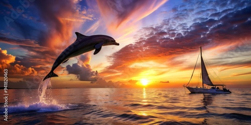 Dolphin Leaping at Sunset with a Sailboat in the Distance, ocean, sunset, nature, wildlife