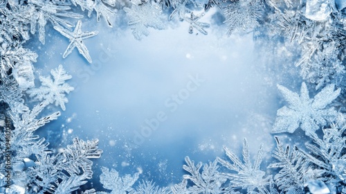 Icy winter border with frozen crystal details surrounding a blank center, evoking a frosty, festive holiday atmosphere.