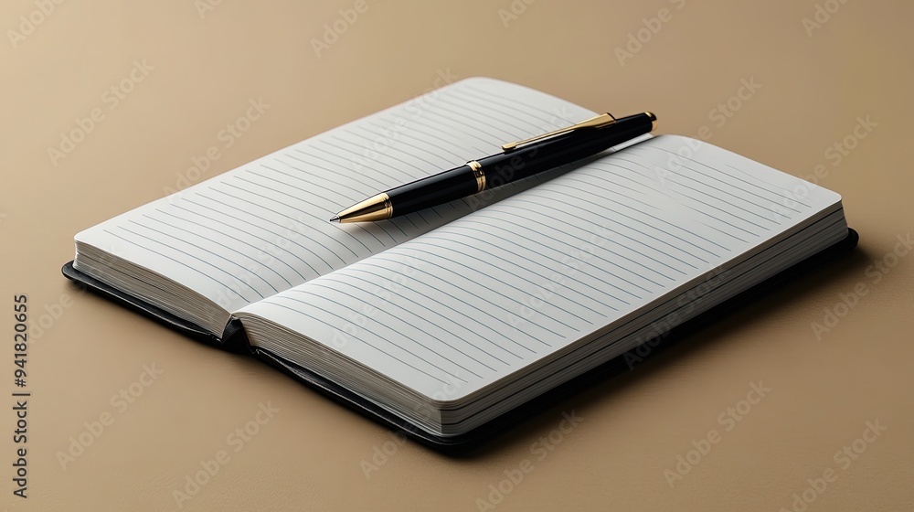 Elegant fountain pen lying on open notebook for business planning Elegant fountain pen lying on open notebook for business planning