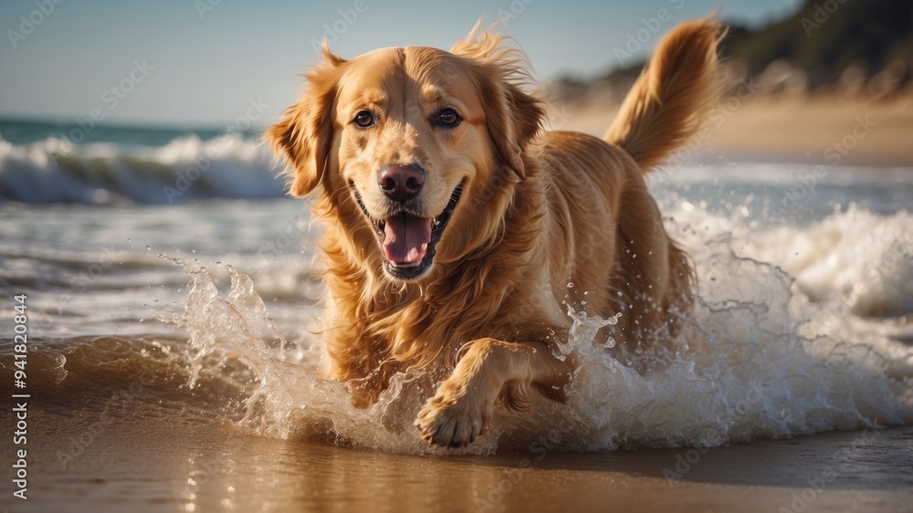 Golden Retriever Dog Running Through a Wave on the Beach. Golden Retriever Dog Running Through a Wave on the Beach.